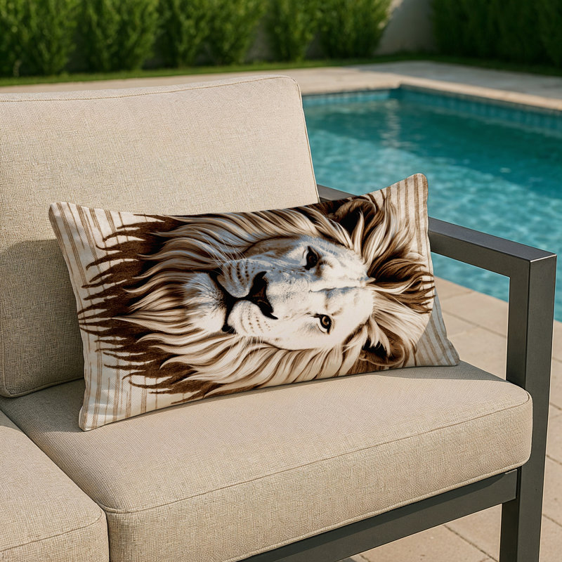 Coussin intérieur et extérieur Big Cats, Rectangulaire H 20 po x l 14 po, Blanc, blanc, lion