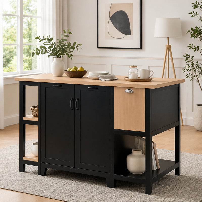58" Freestanding Kitchen Island with Storage, Drawers, and Shelves, Black/Natural