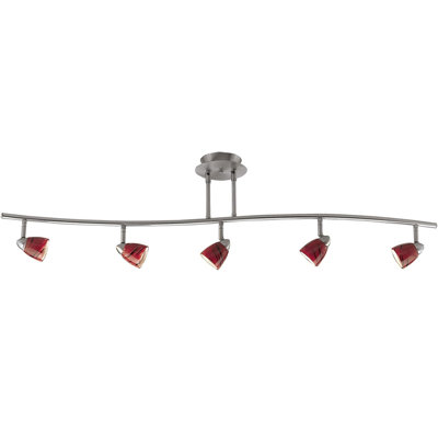 Plafonnier Cal Lighting Serpentine 5 lumières Orbit en acier brossé et verre rouge