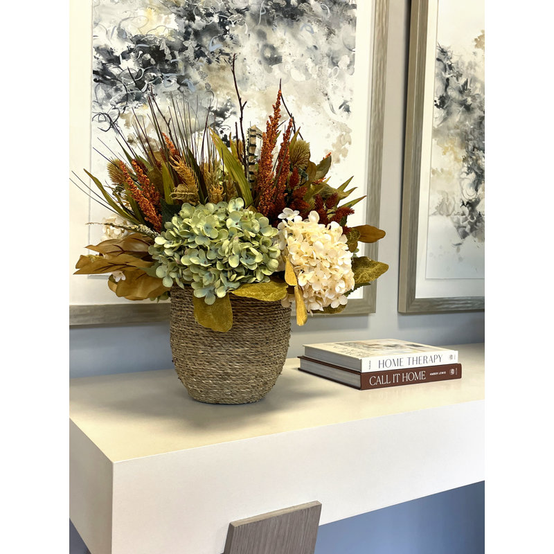Fall Arrangement with Hydrangeas and Wheat