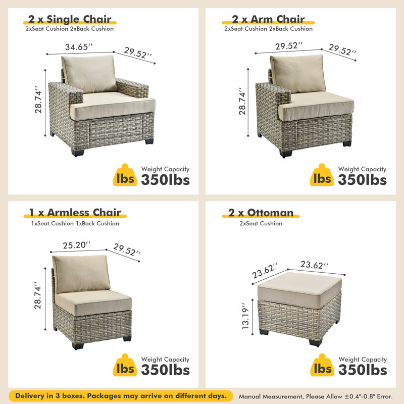 Ensemble de conversation d'extérieur en rotin pour 7 personnes avec coussins, Beige