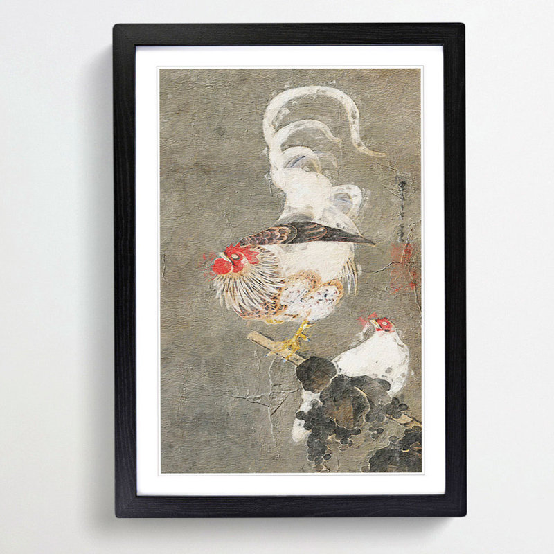 Hen & Rooster by Ito Jakuchu - Picture Frame Painting Print on MDF, Black Framed, 65cm H x 48cm W x 2cm D
