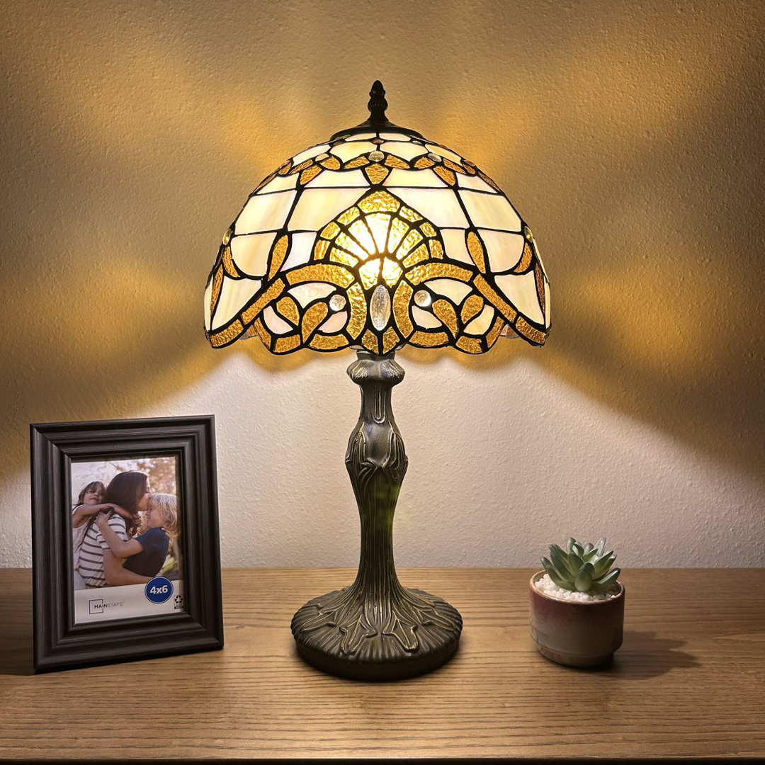 Simonson Tiffany Table Lamp Gold Stained Glass Baroque Style Lavender 19'H*12"W Fleur De Lis Living