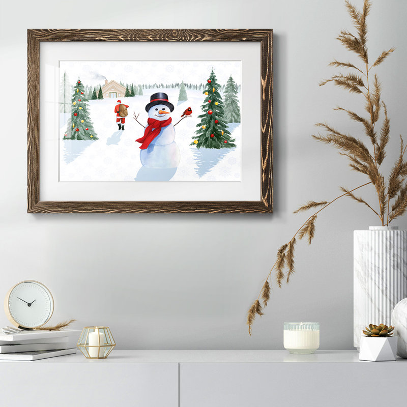 Père Noël, bonhommes de neige, collection A, H 18 po x l 26 po, Noyer