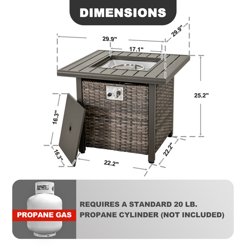  Outdoor 30" Square Rattan Fire Pit Table with  Metal Lid