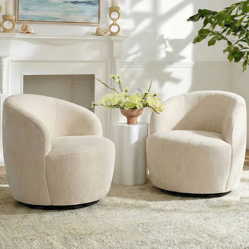 Modern Swivel Chenille Barrel Accent Chair(Set Of 2）, Beige