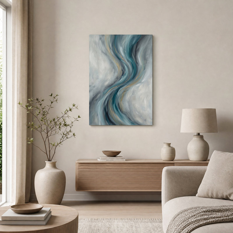 Tableau abstrait sur toile à coups de pinceau turquoise et or, 30"H x 20"W
