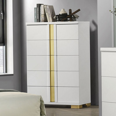 Commode 1 pièce de style contemporain avec pattes de support en métal de conception moderne, étui anti-poussière doré, glissières à roulement à billes, finition blanche et dorée