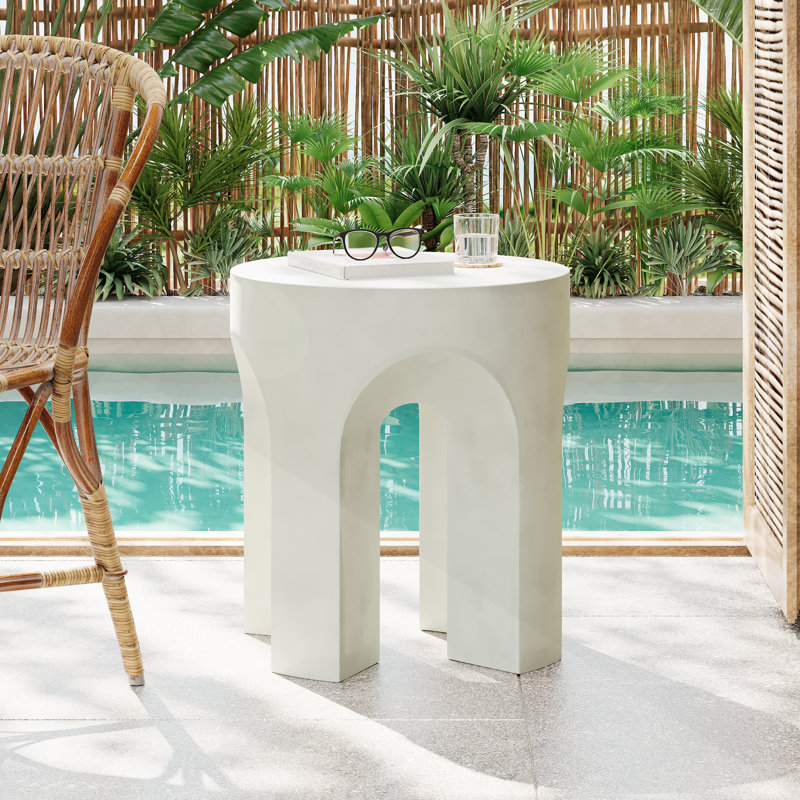 Table d'appoint d'extérieur à plateau rond MGO, en béton léger, robuste et polyvalente pour une utilisation intérieure et extérieure, blanc antique