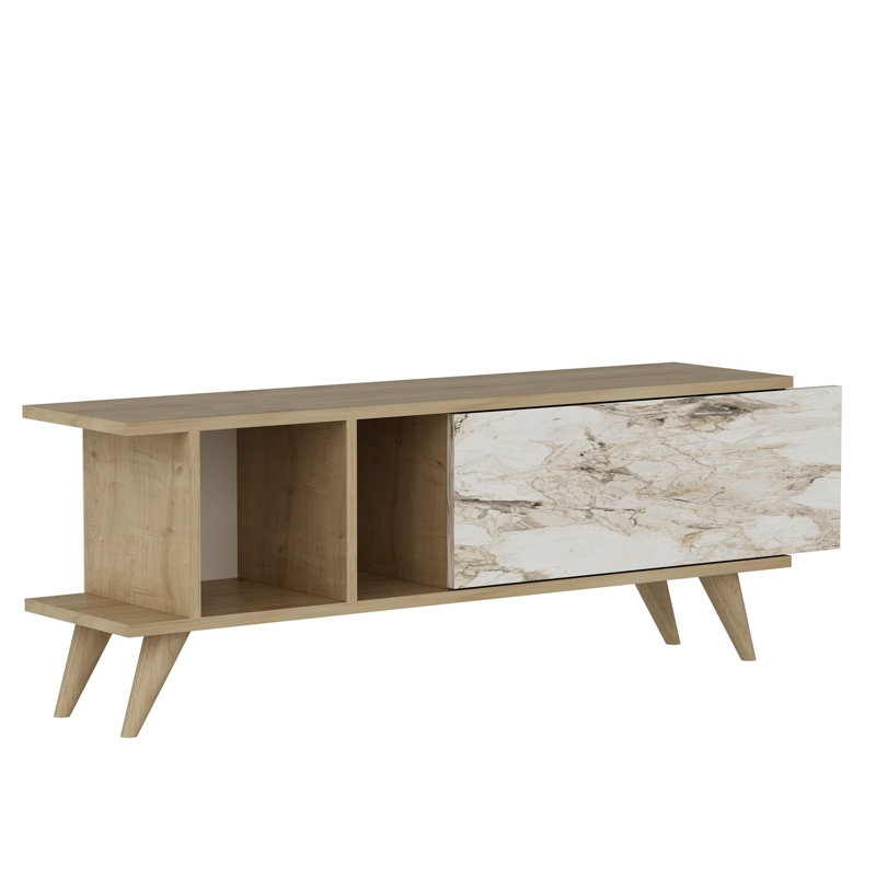 Meuble télé moderne avec panneau de particules 100% mélaminé, finition chêne saphir et marbre, 47,2 po x 11,8 po x 17,7 po | Pieds en PVC (hauteur de 5,9 po) | Design élégant et fonctionnel pour le salon et les espaces de divertissement