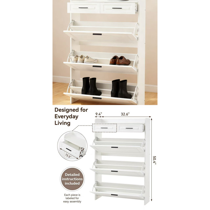 Two Drawers, Three-fold Doors, Large Storage Shoe Cabinet, White, White