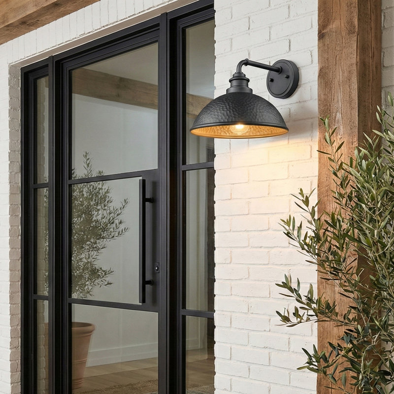10.5 in. 1-Light Hammered Black With Matte Gold Interior Outdoor Wall Lantern