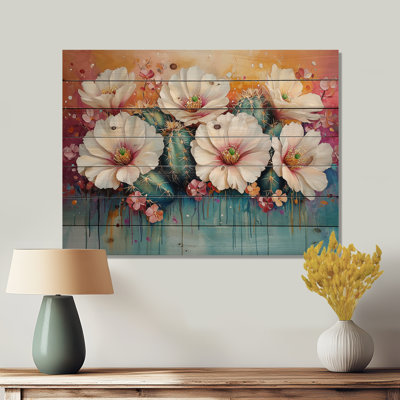 Cactus rose et blanc - Art floral sur bois de cactus floral - sur bois de pin naturel