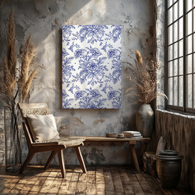 Canvas A Delicate Floral Pattern Featuring Intricate Blue Line Drawings Of Wall Art Various Flowers And Leaves Set Against A Crisp Canvas Wall Art
