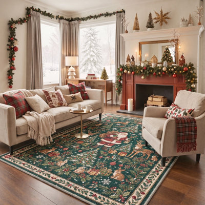 Tapis de salle à manger lavable à poils ras, motif d'animaux de Noël (rennes et sapin), vert et rouge