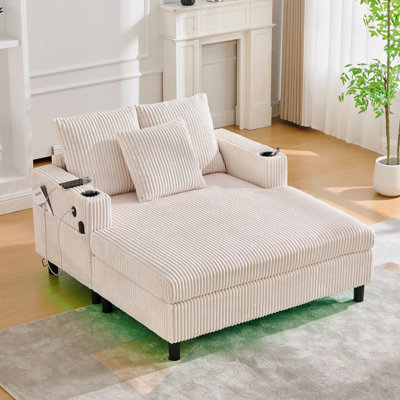 Canapé inclinable moderne en velours côtelé surdimensionné avec assise profonde, 3 coussins, charge USB, bande lumineuse à DEL RVB, porte-gobelet, poche latérale - convient au salon et à la chambre à coucher
