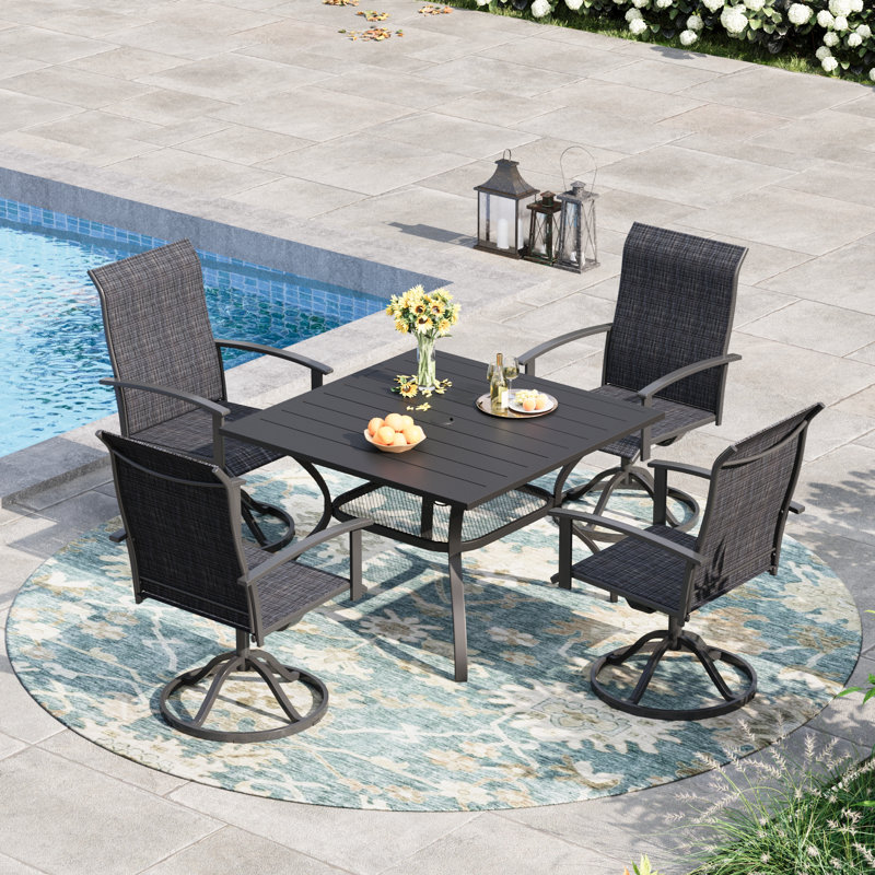 4-Person Square Patio Dining Set With Swivel PVC-coated polyester Chairs, Black