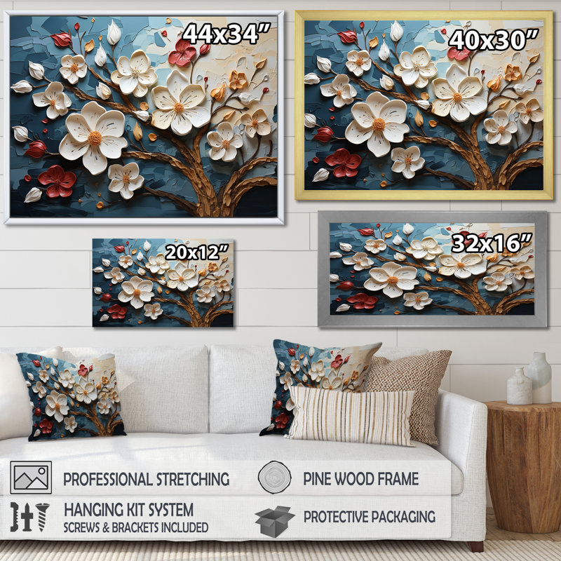 Arbre dynamique à pétales blancs et roses IV - art floral abstrait, H 30 po x l 40 po x P 1,5 po, Cadre d'angle fermé noir