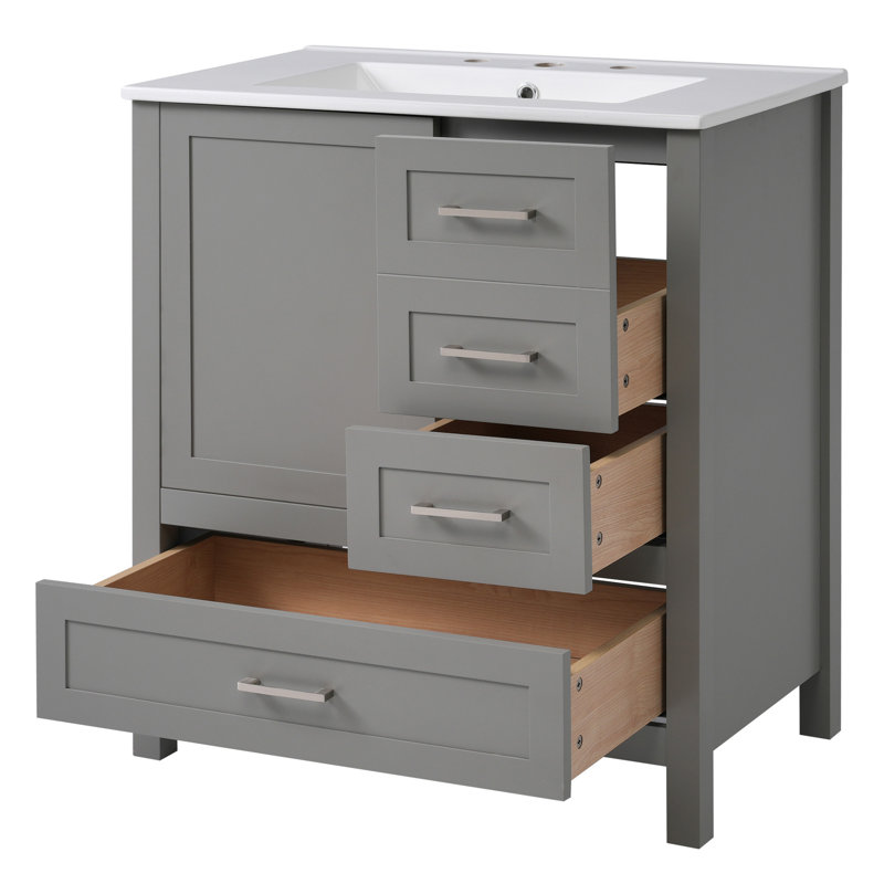 Ensemble de meuble-lavabo avec lavabo 30 po, armoire de rangement pour salle de bain avec porte à fermeture douce, 3 tiroirs à fermeture douce et plateau amovible, structure en bois massif
