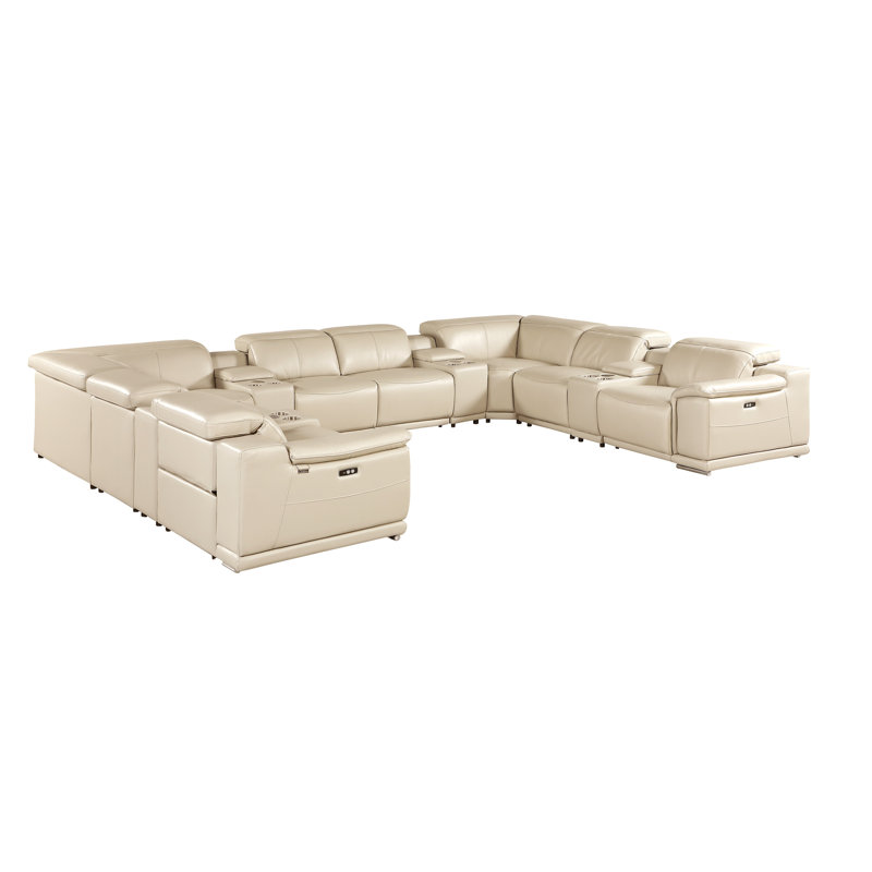 Kitanna 12 Piece 4 Power Recliner Top Grain Italian Leather Sectional, Beige Genuine Leather
