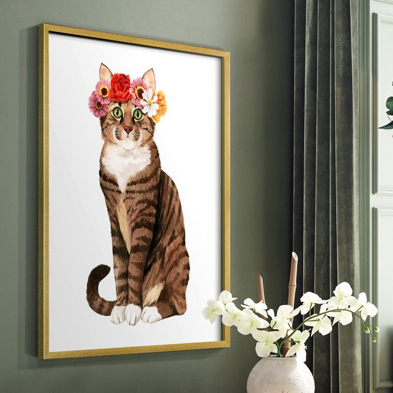 «Flower Crown Cats II», reproduction encadrée - bois massif, Or, H 14 po x l 11 po