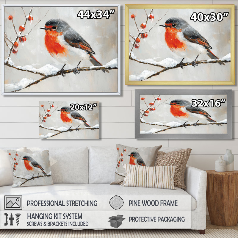 «Winter Robin Bird In The Forest I», art mural oiseau, Cadre flottant, H 24 po x l 32 po, Blanc