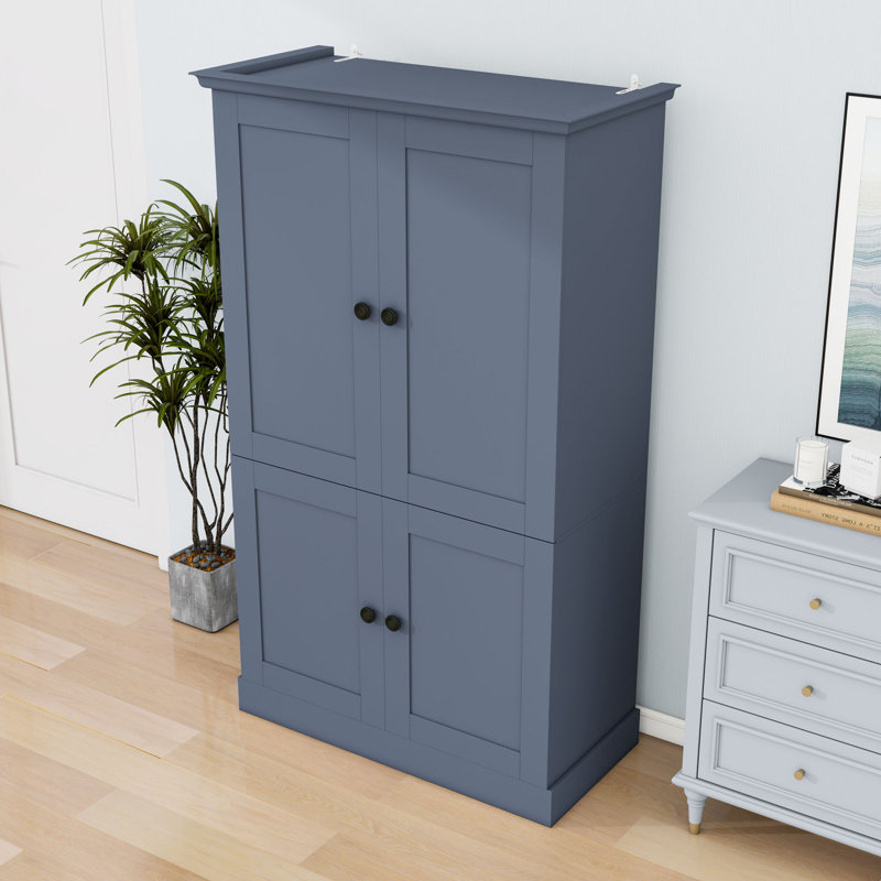 Armoire de cuisine avec poste de travail, 4 portes, 3 tiroirs, 6 supports à vin et tablettes réglables, Blue