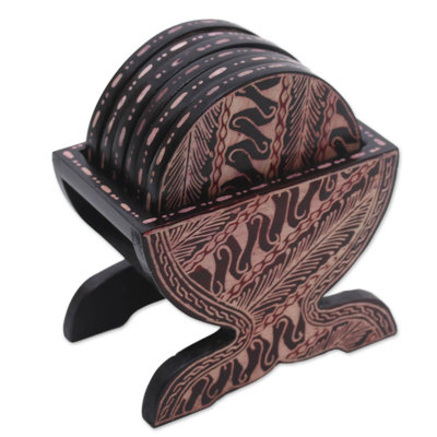 Wood Round 6 Piece Coaster Set With Holder