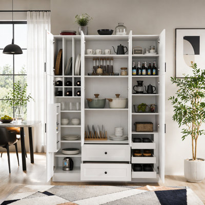 Modern 53.2" Large Kitchen Pantry Cabinet, Freestanding Storage Cupboard with 6 Doors, Adjustable Shelves, Drawers, Pull-Out Trays and Wine Rack