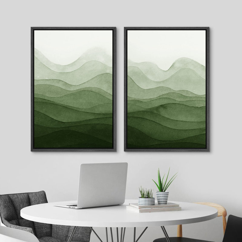 Minimalist Mountains " Emerald Green Mountain Range Abstract " 2 - Pieces, Black, 36" H x 24" W