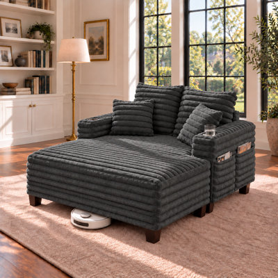 Chaise Lounge Chair Indoor,  64" Oversized Sleeper Chair With Wood Frame, Upholstered Sofa Bed For Living Room, Movie Room, Bedroom With 4 Storage Pockets& 2 Cup Holders(Plush Corduroy, Grey)