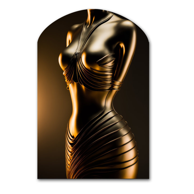 Mannequin élégant de robe dorée I - art mural asymétrique en forme de femme moderne, H 34 po x l 25 po