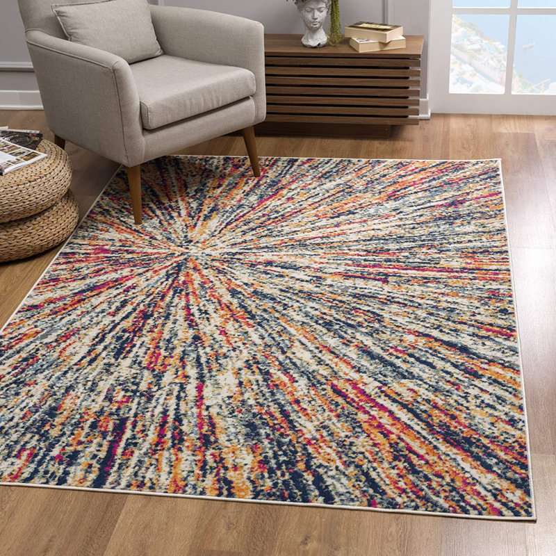 Tapis abstrait crème éclatant céleste 5 pi x 8 pi Massaline, Rectangle 8 pi x 11 pi