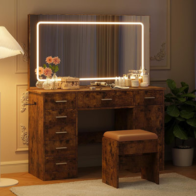Coiffeuse moderne à DEL avec 7 tiroirs, miroir lumineux à 3 modes, station de recharge USB et support pour sèche-cheveux – Motif tigré
