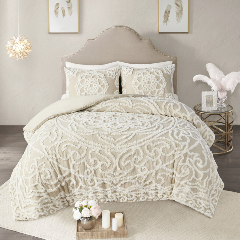 Literie en coton chenille à médaillon - attrayant, 100% coton, 4 attaches, housse de couette lavable à la machine, Taupe