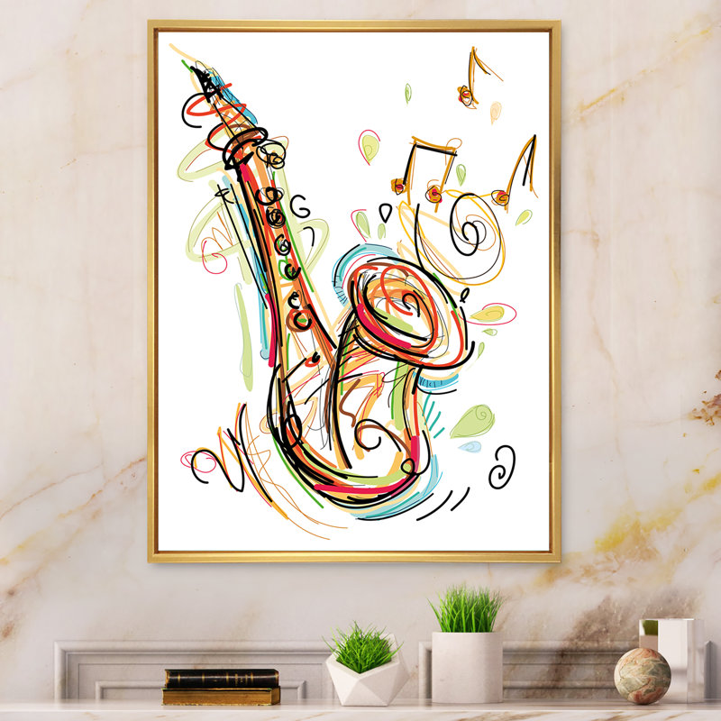 Musique, saxophone, dessin abstrait II - peinture, H 20 po x l 12 po x P 1 po, Cadre flottant doré