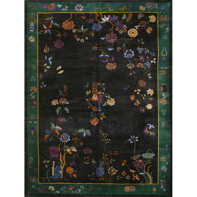Antique Chinese - Art Deco Room Size Wool Black Rug