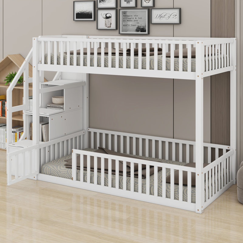 Lit superposé moderne avec solutions de rangement pour escalier, Blanc