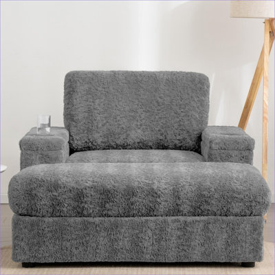 Méridiennes | Canapé-lit convertible surdimensionné de 42 po avec porte-gobelets de rangement pour repose-pieds dans la chambre à coucher | fausse fourrure | gris
