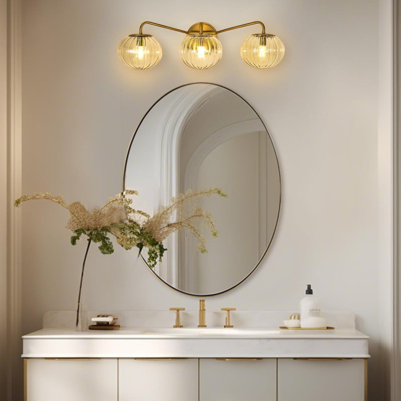Contemporary Bathroom Vanity Light Fixture with Ribbed Clear Glass Globe Shades, 3 Lights, Brushed Gold