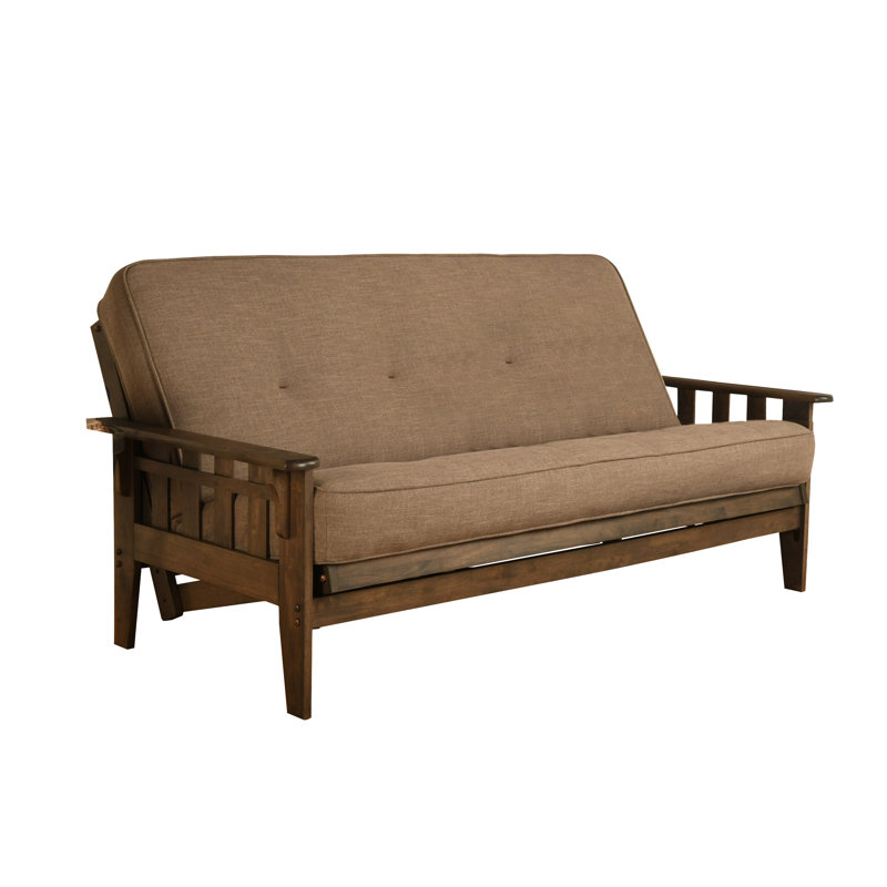 Tucson Futon Frame in Rustic Walnut Finish with Linen Stone Mattress, Linen Stone