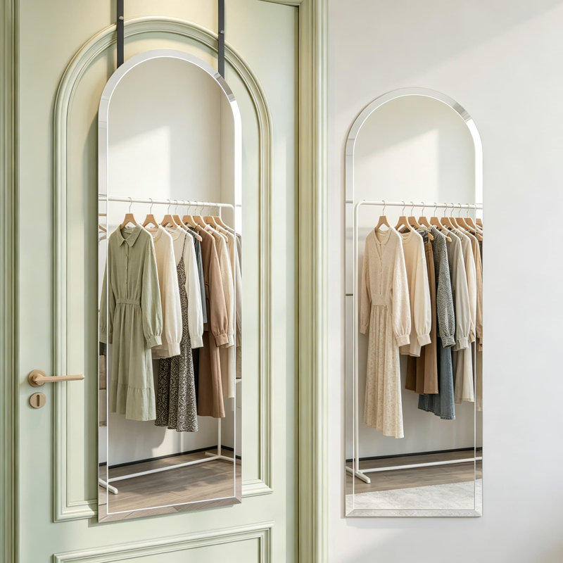 Frameless Arched Door Mirror Full Length, 50 X 16 Inch Beveled Full Body Arched Wall Mirror, Over The Door Hanging Mirror For Bedroom, Living Room, Cloakroom