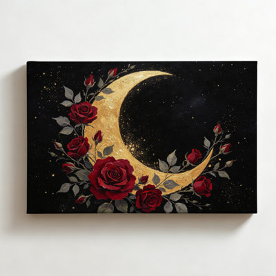 Lune en croissant doré et roses rouges, huile sur toile représentant une nuit étoilée, décoration murale d'automne champêtre pour salon ou chambre, 50 x 75 cm.