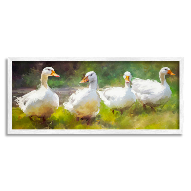 «Ducks By River», peinture par Ziwei Li, H 13 po x l 30 po x P 1,5 po, Giclée encadrée blanc bord de mer
