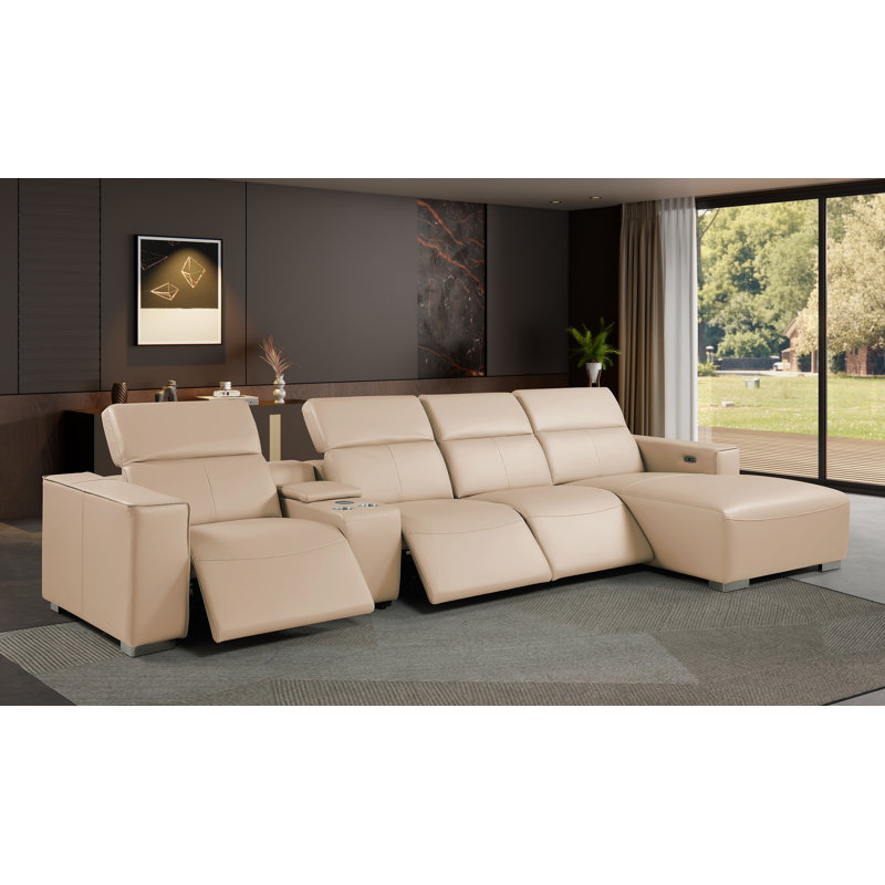 Canapé modulaire beige en cuir véritable 5 pièces faisant face à droite avec 3 fauteuils inclinables électriques et appuis-tête réglables