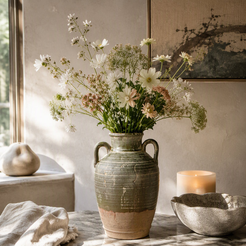 Vase 8,7 x 8,7 x 15,7 en terre cuite avec deux poignées courtes