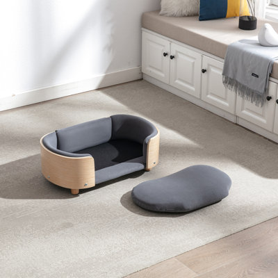 Small Dog Bed With Scandinavian Flair, Solid Wood Legs And Bent Back, Dark Grey Breathable Cushion, Stain - Scratch Style Elevated For Cats Dogs, Rebound Foam Filled Easy To Put Together