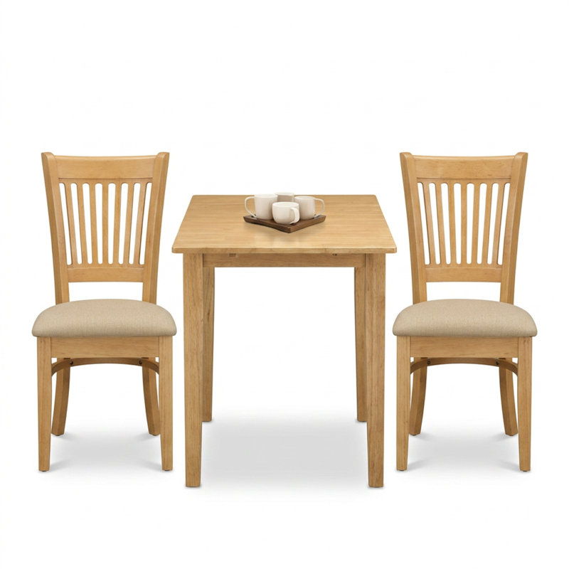 Ensemble de salle à manger rectangulaire 3 pièces en bois dur asiatique fini chêne, comprenant une table à abattants et des chaises à dossier à lattes rembourrées en lin.