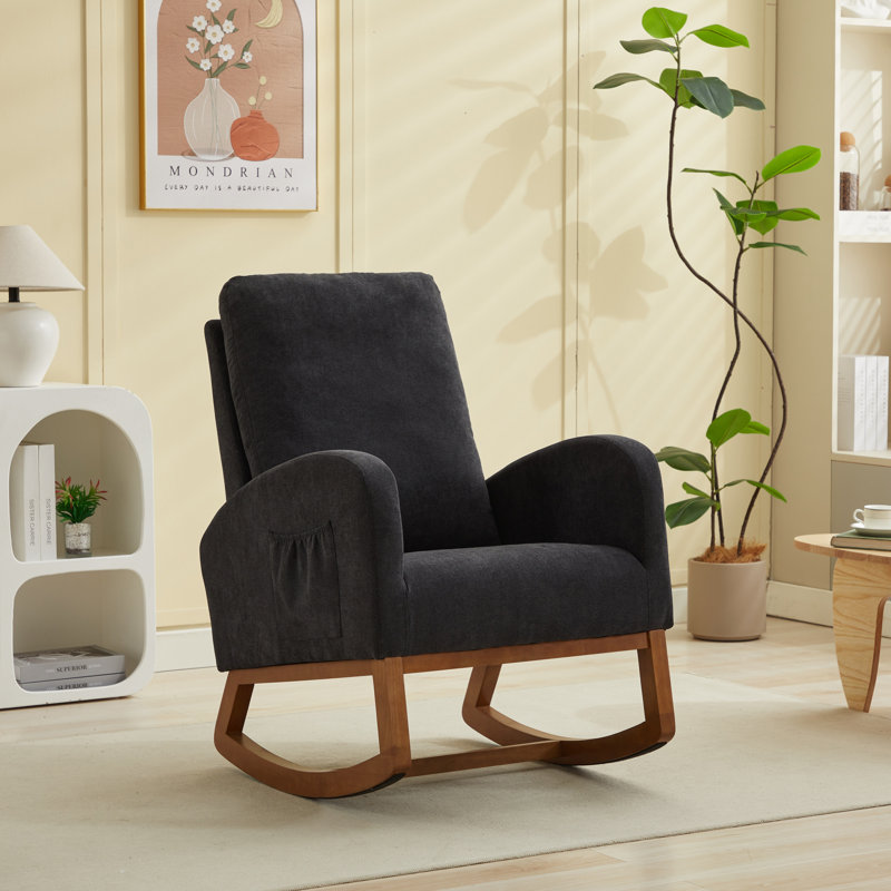 Chaise berçante rembourrée avec pieds en bois massif, Noir
