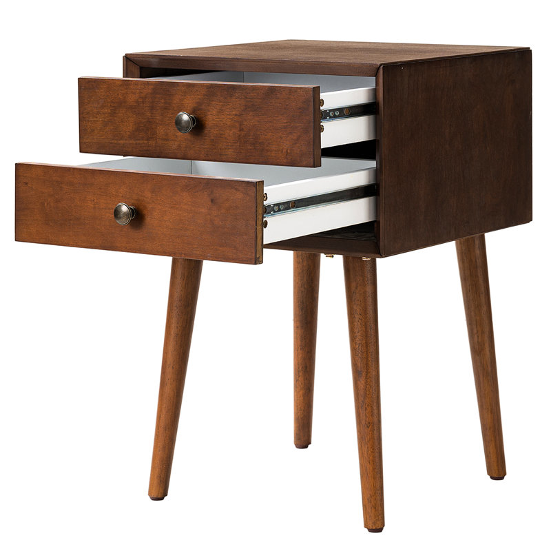 Petite table d'appoint avec 2 tiroirs, table de chevet pour le rangement, noyer - conception angulaire épurée, quincaillerie en laiton, tâche d'assemblage rapide à deux niveaux